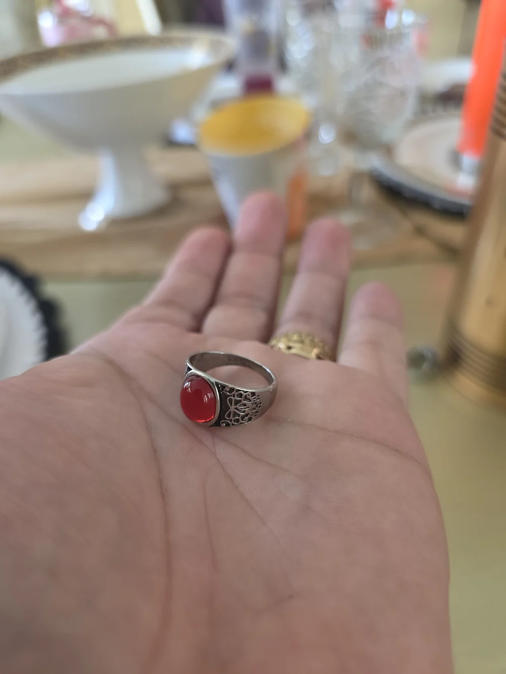 Silver Ring with Red Cabochon Gemstone